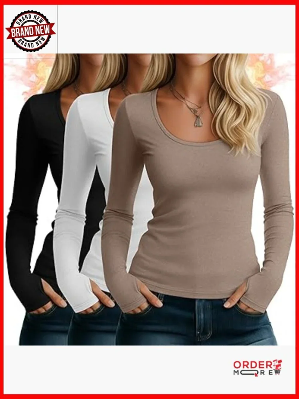 3 Pack Women's Thermal Long Sleeve Scoop Neck Fitted Tops with Thumb Holes